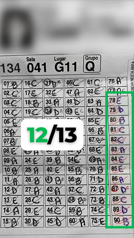 Gabarito da FUVEST de um aluno: 12 de 13 em matemática
