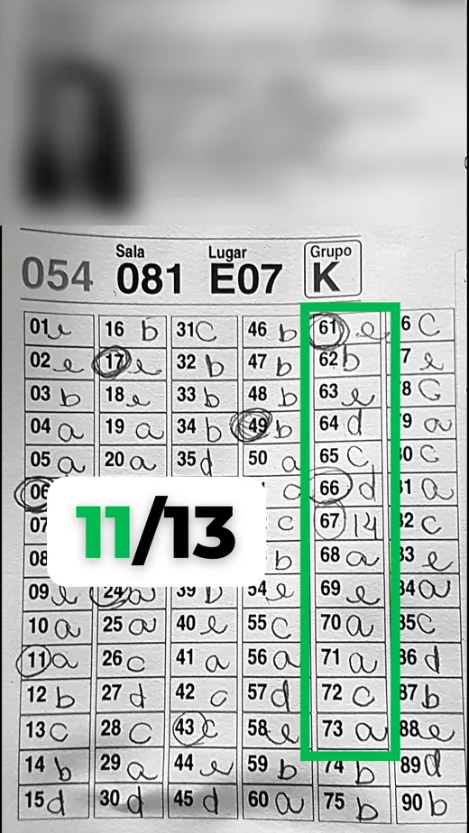 Gabarito da FUVEST de um aluno: 11 de 13 em matemática